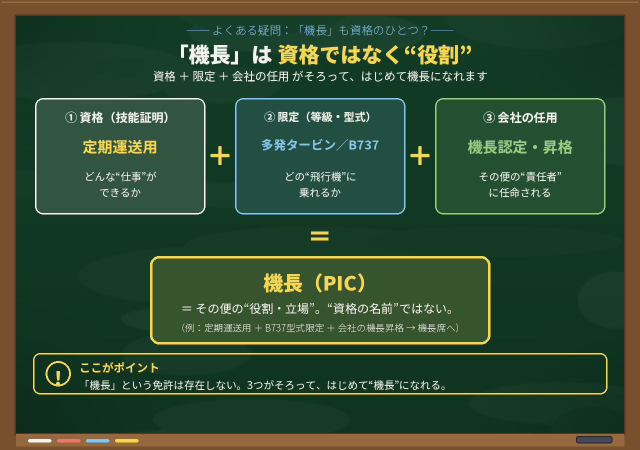 資格(技能証明)+限定(等級・型式)+会社の任用=機長、という関係の図。機長は資格名でなく役割で、3つがそろって初めて機長になれる