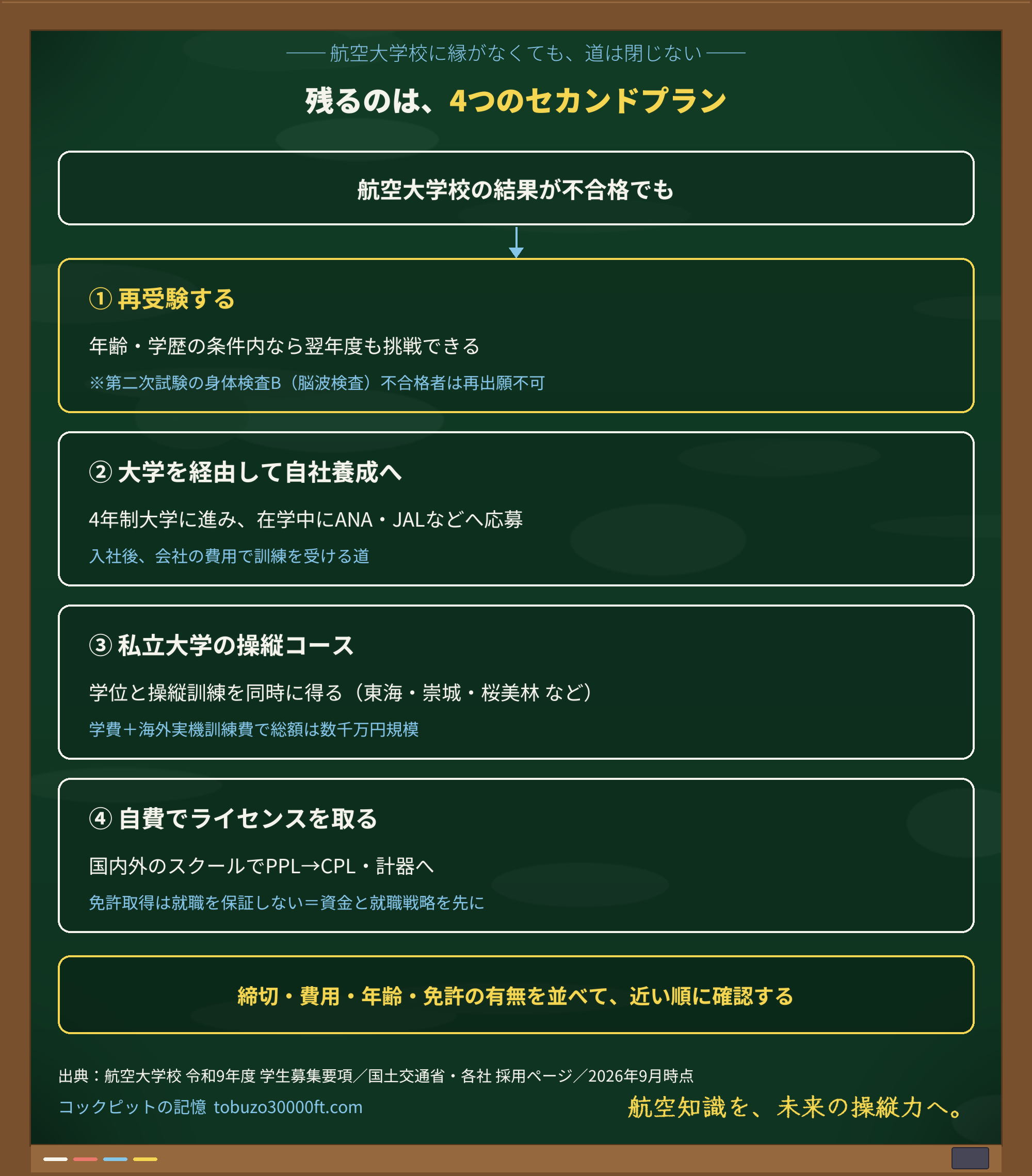 分岐フロー:航空大学校が不合格でも残る4つの道(再受験・大学経由の自社養成・私立大学・自費訓練)を示した図